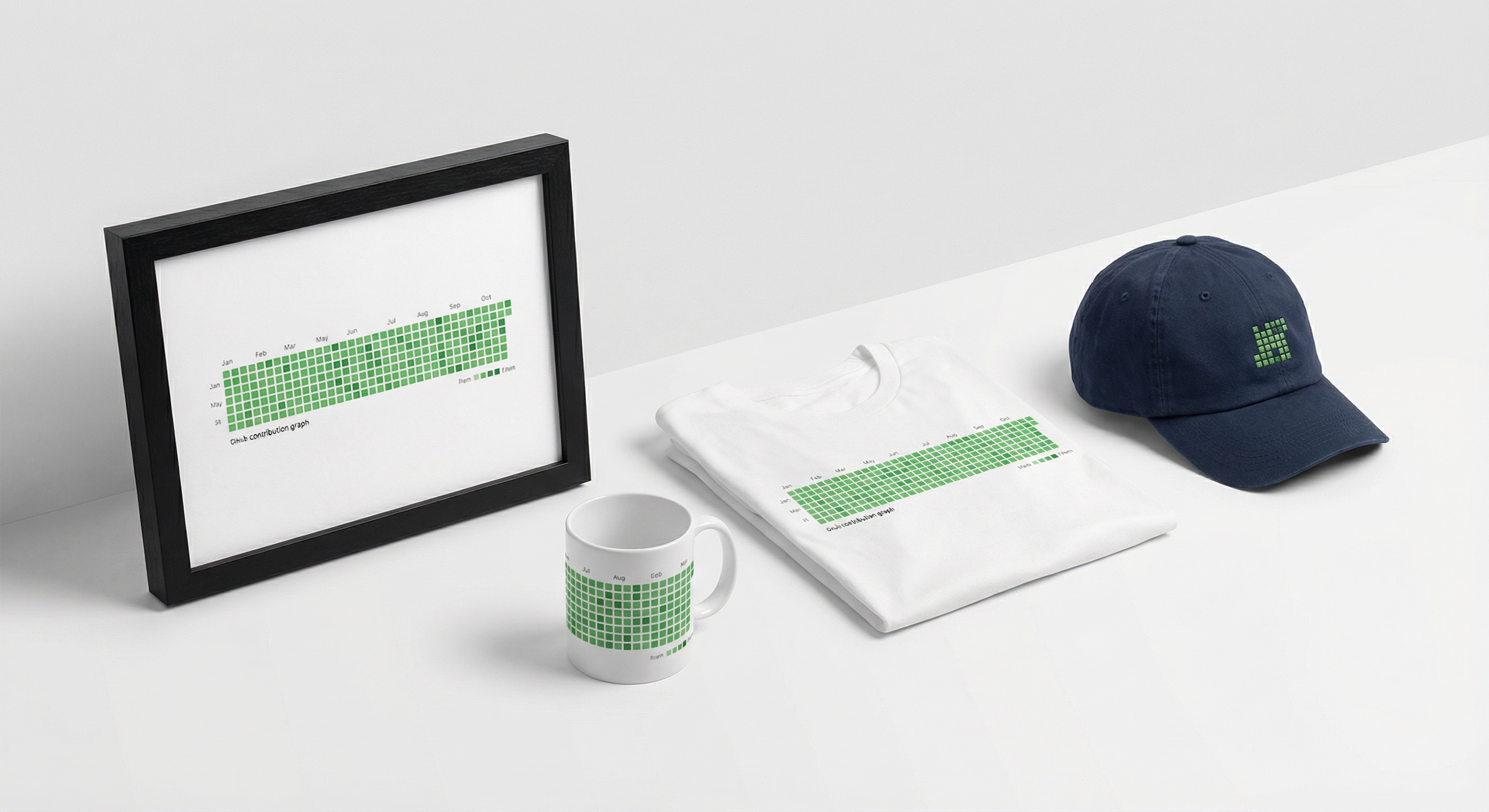 GitHub contribution graph merchandise - framed print, t-shirt, mug, and dad hat on a clean surface