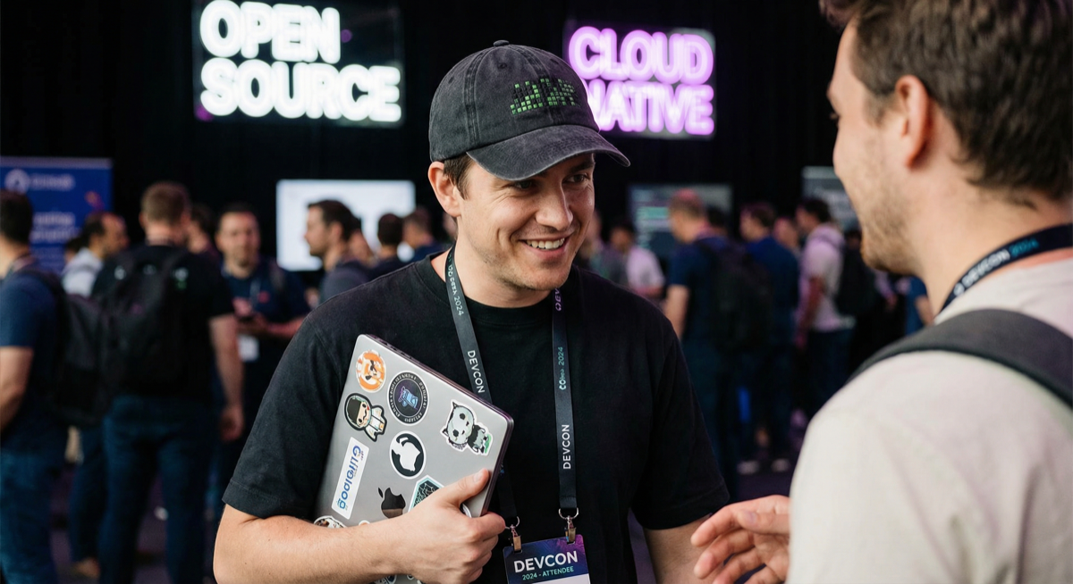 Developer wearing a GitHub contribution graph dad hat at a tech conference