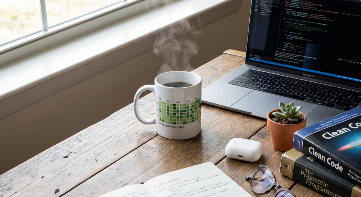 GitHub contribution graph mug on a developer's desk with laptop and books