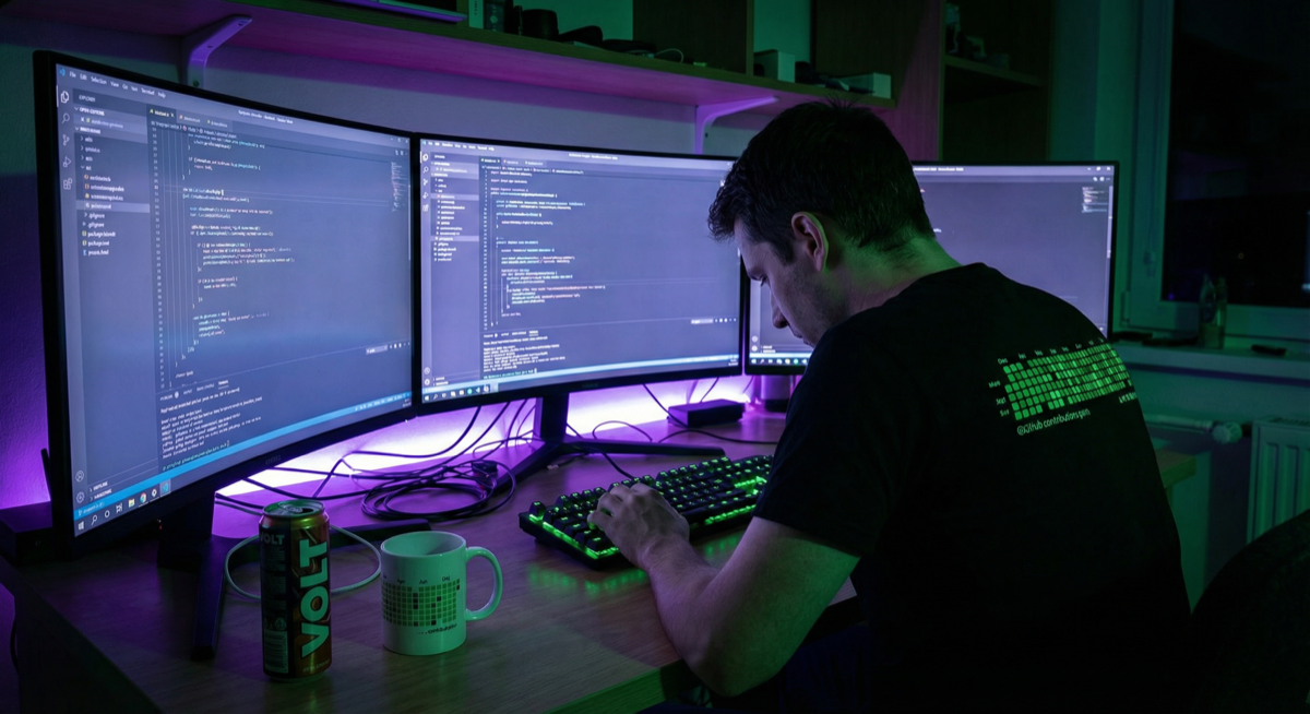 Developer coding at night wearing a GitHub contribution graph t-shirt with triple monitor setup