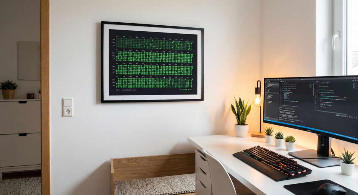 Framed GitHub contribution graph on a developer's home office wall above a coding setup
