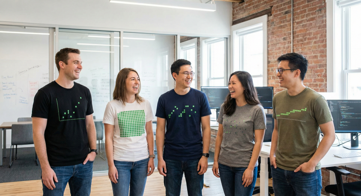 Startup team wearing personalized GitHub contribution graph t-shirts at office